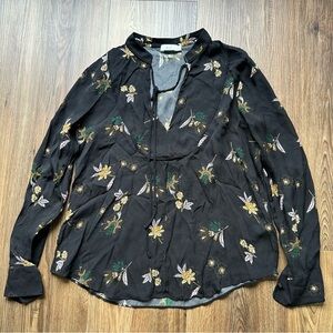 ALC Womens 100%  Silk Long Sleeve Floral V‎ Neck Tie Blouse Black Size 6 Luxury